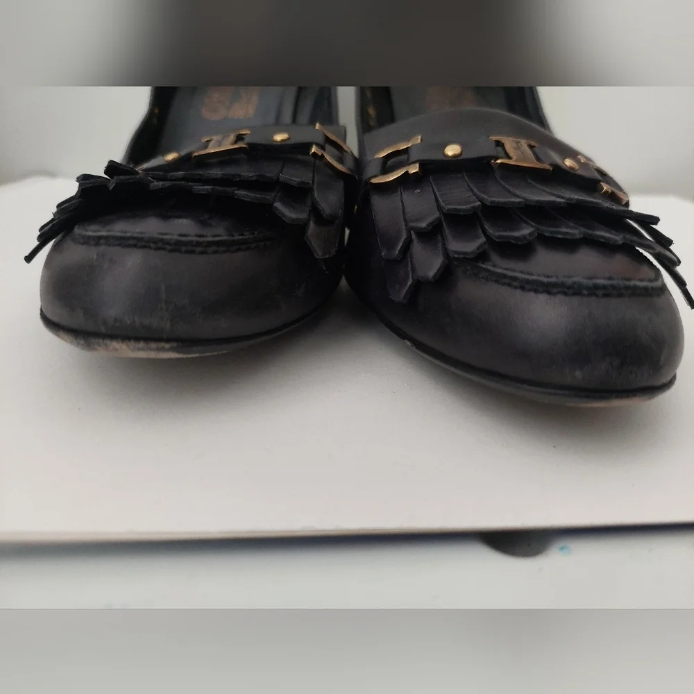 Salvatore Ferragamo Black Heeled Loafers with Gold Accents - Picture 6 of 7